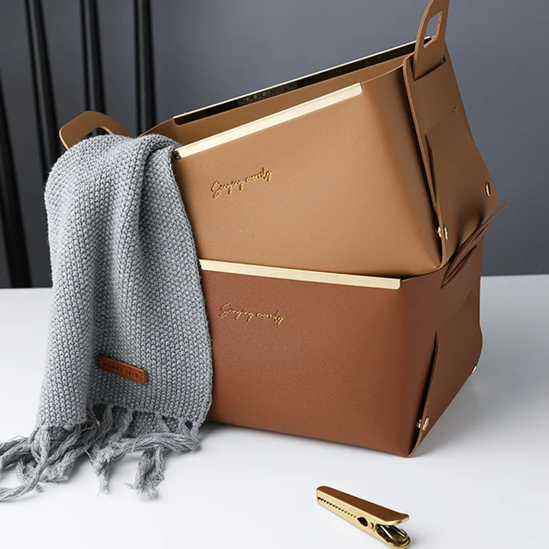 PU Leather Storage Basket Home Desktop Finishing Foldable Cosmetic Container High Capacity with Handle Sundry Key Tray | Дом и сад