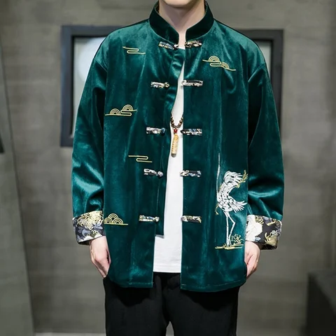Винтажная Вельветовая куртка в китайском стиле, мужская одежда на весну и осень, пальто с вышивкой в виде журавлей и пуговиц в стиле Харадзюку, мужская верхняя одежда, KK3806