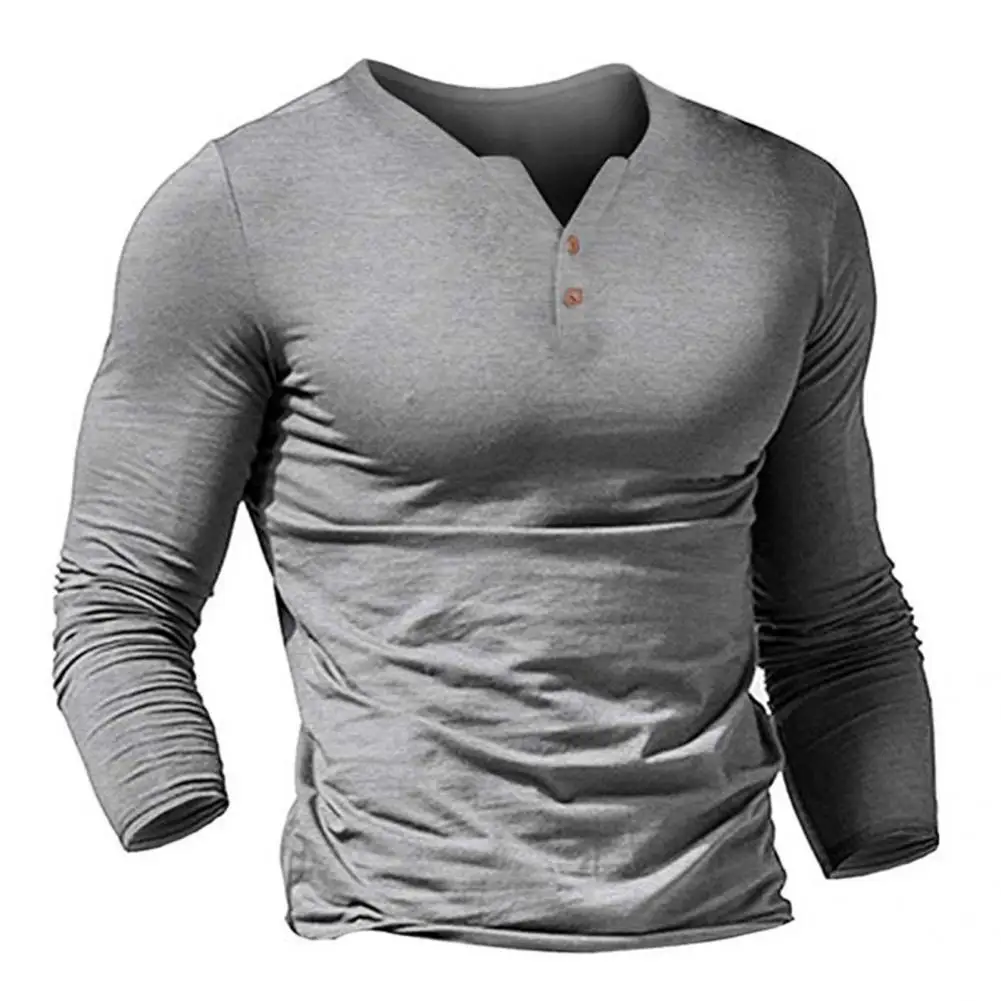 

Anti-shrink Simple V Neck Male Fall T-shirt Buttons Autumn Top Placket for Dating