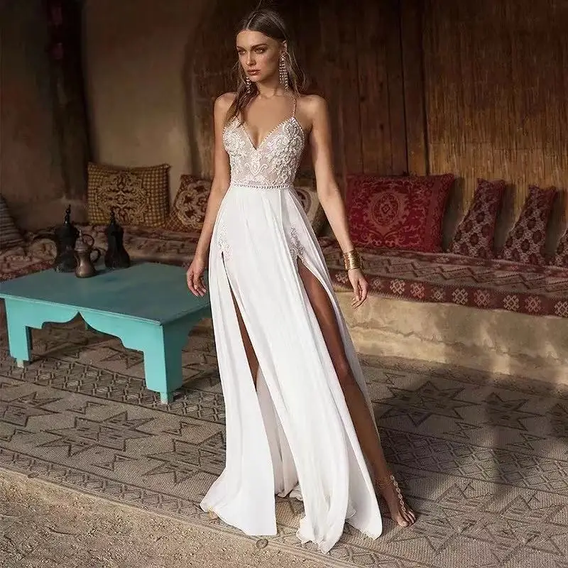 

Simple Boho Wedding Dress Sexy Side Slit Beach Wedding Dress V-Neck Bride Dress Spaghetti Straps Weeding Gowns Vestido De Noiva