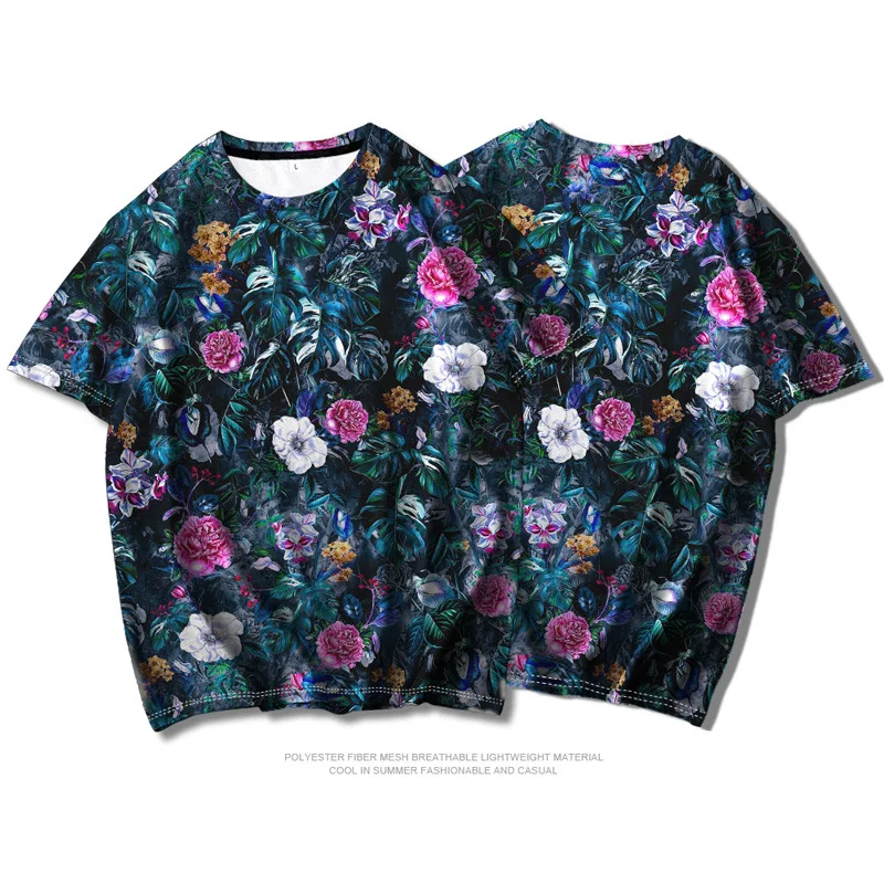 

Rose Pattern 3D Digita Print Tee Men Fashion Short-Sleeve T-Shirt Summer Loose Beach Casual Big Size T-Shirt Hip-hop Streetwear
