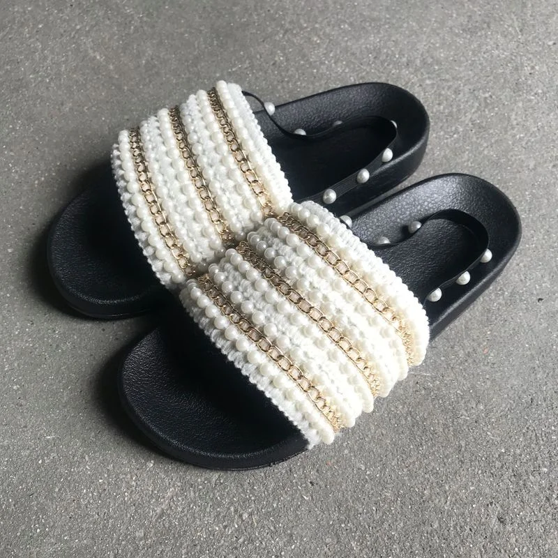 

Summer String Bead Women Sandals Cotton Fabric Metal Chain Decoration Platform Flat EVA Non Slip Sole Outdoor Beach Shoes Ladies