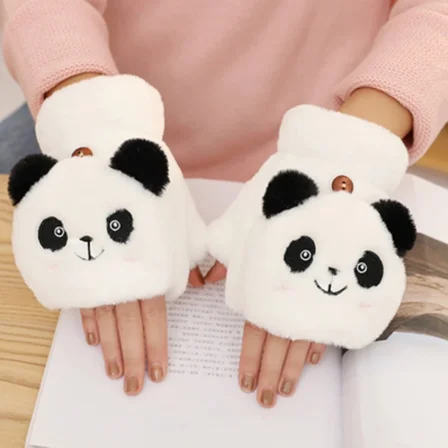 

Female Accessories Touch Screen Gloves Cashmere Cartoon Panda Half Finger Flip Gloves Driving Warm Cold Protection Gloves