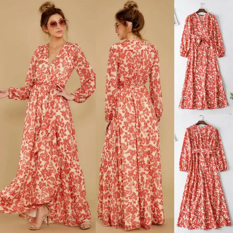 Женское длинное шелковое платье макси модное пикантное с длинным рукавом