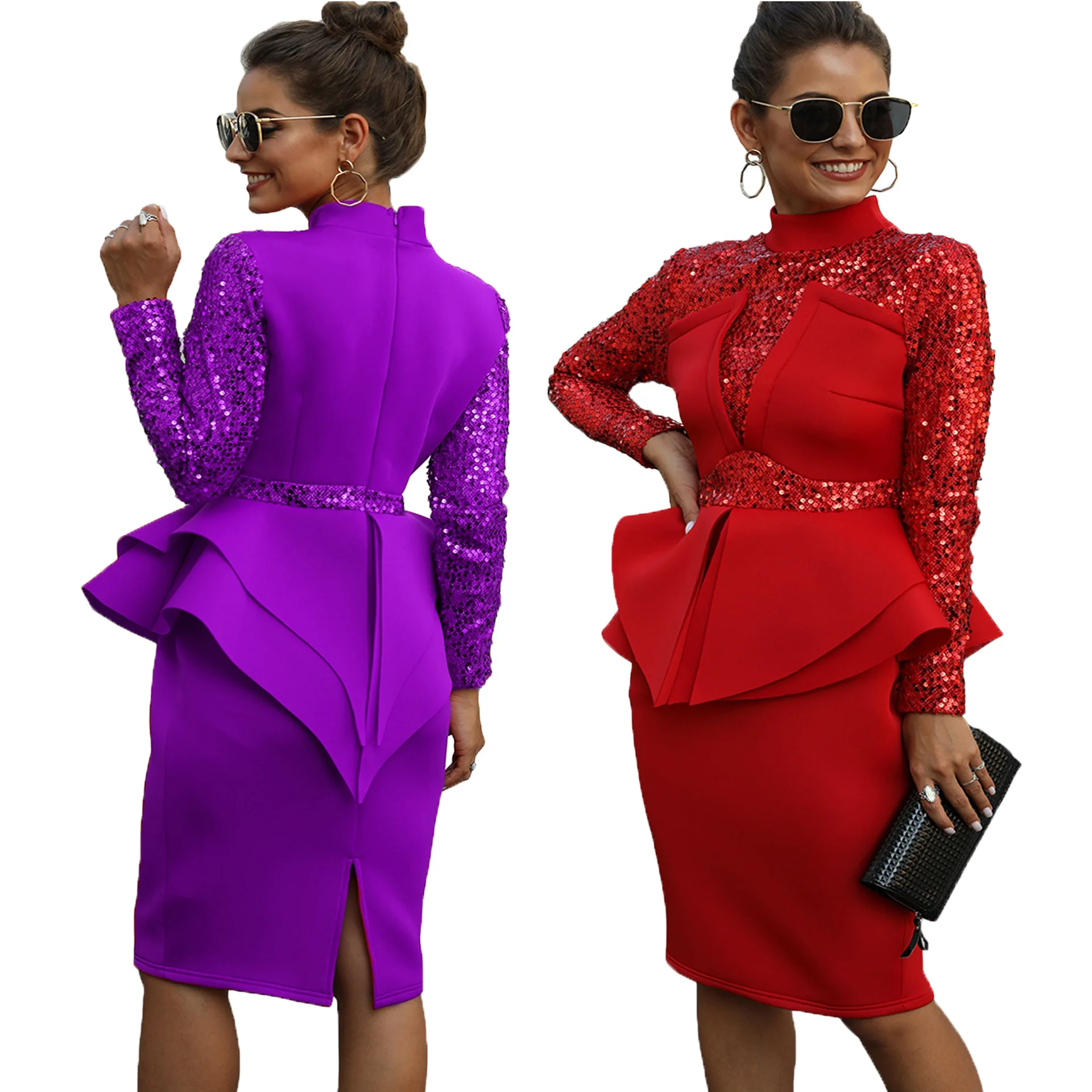 2019 autumn elegent women regular solid sequined long sleeve plus size knee-length dress | Женская одежда