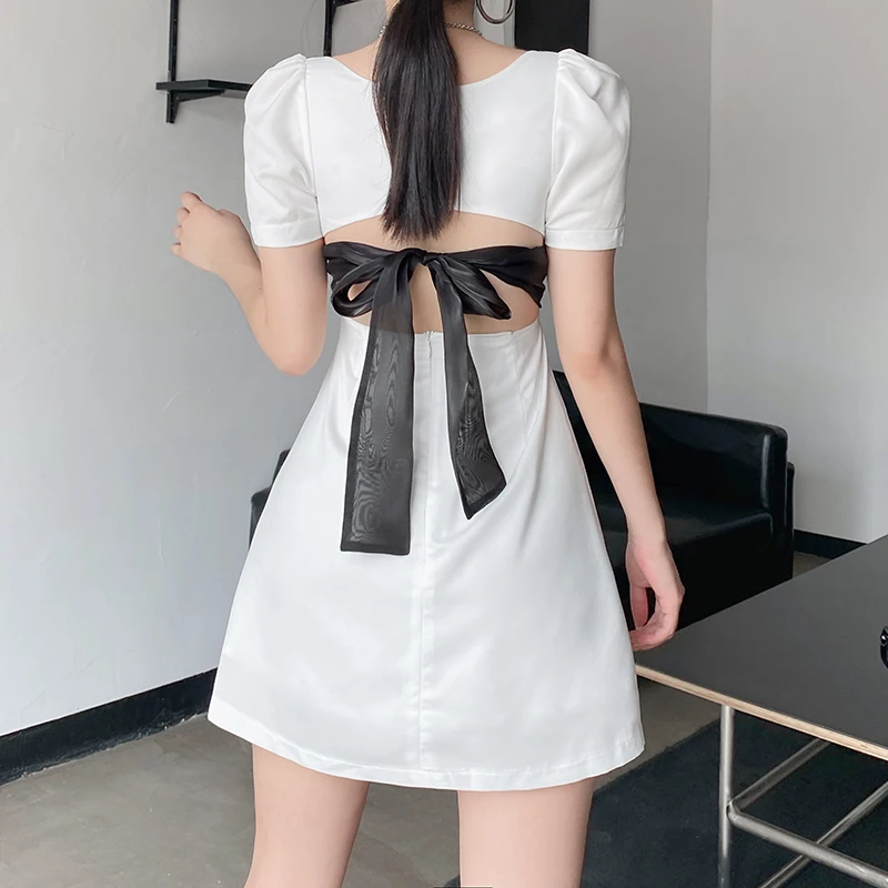 

Waatfaak White Puff Sleeves Dress Y2k Bowknot Square-neck Lace Hollow Out Silk Short Sleeve Woman Elegant 2021 Female Mini Cute