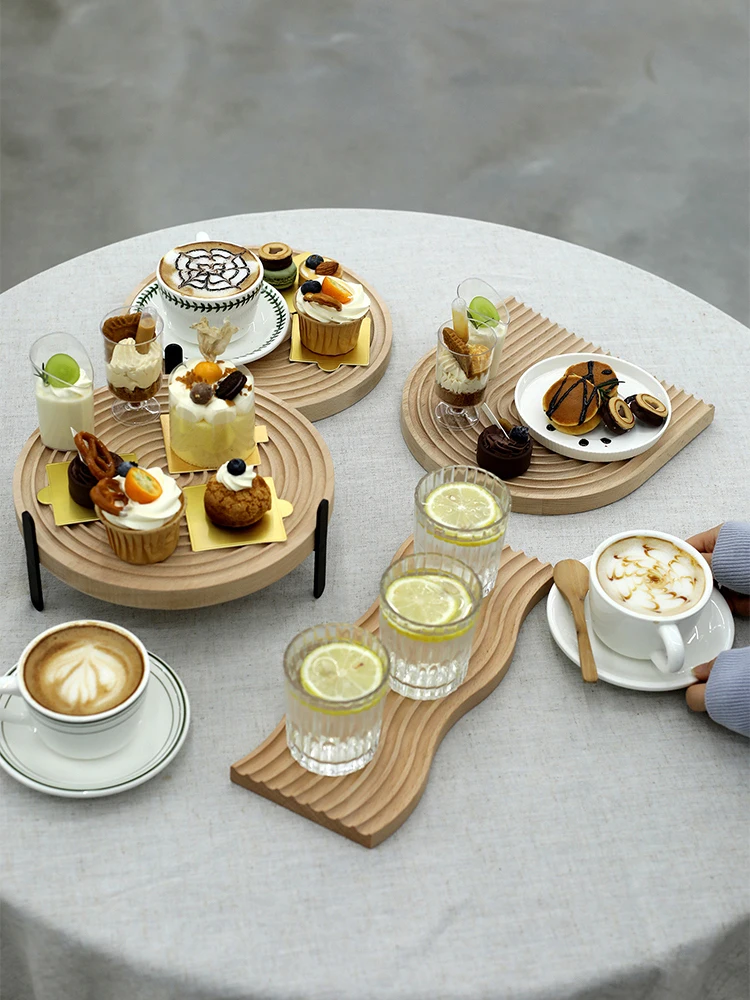 

SWEETGO Wood Board 9 Inch Afternoon Tea Holder Water Ripple Round Dessert Tray Cake Table Decoration Makeup Jewelry Ring Storage