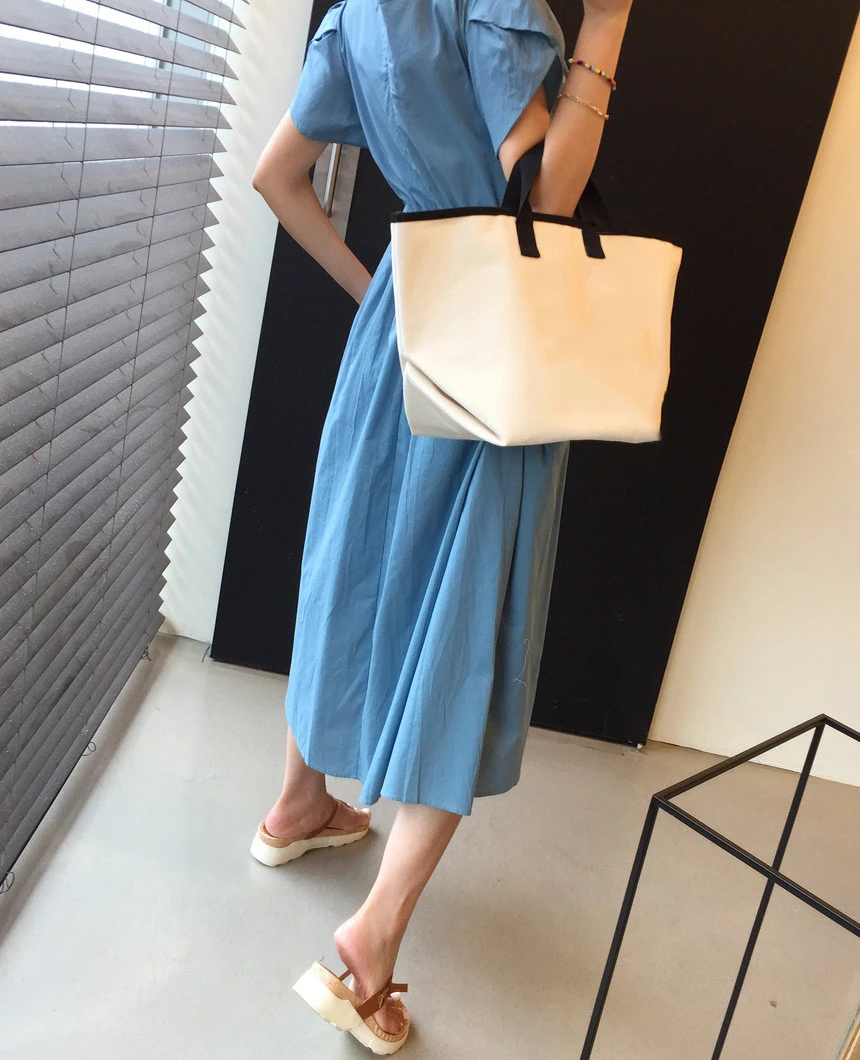 

Korejpaa Women Dress 2021 Summer Korean Chic Female Retro Square Neck Folded Drawstring Waist Slimming Flared Sleeve Vestidos