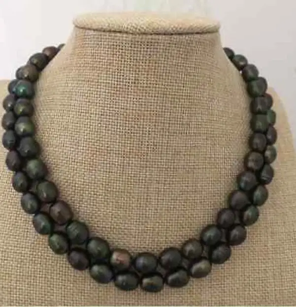 Jewelry Pearl Necklace double strands 9-10mm tahitian black green baroque pearl necklace 18&quot19&quot Free Shipping | Украшения и