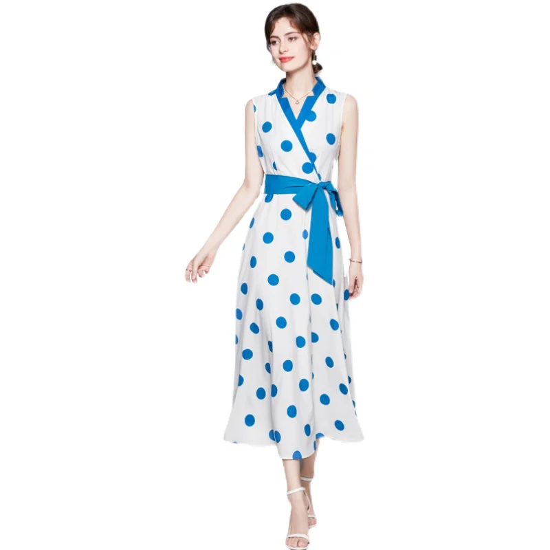 

Female Sundress Casual Midi Dress Bandage Sleeveless Fashion Evening Party Dresses Women Summer 2021 Fashion Dot Dress Womens
