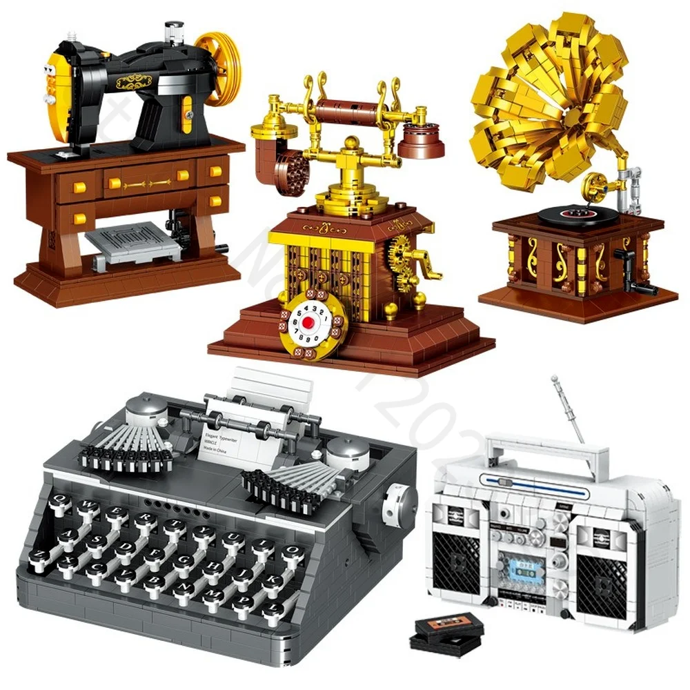 

MOC Phonograph Sewing Machine Printer Telephone Radio High-Tech Mini Building Blocks Retro Player Model Bricks Collection Toys