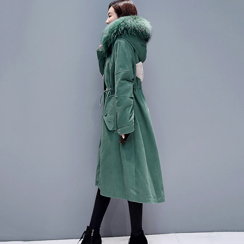 Новинка 2020 женские пальто длинные парки большой размер зеленый меховой воротник