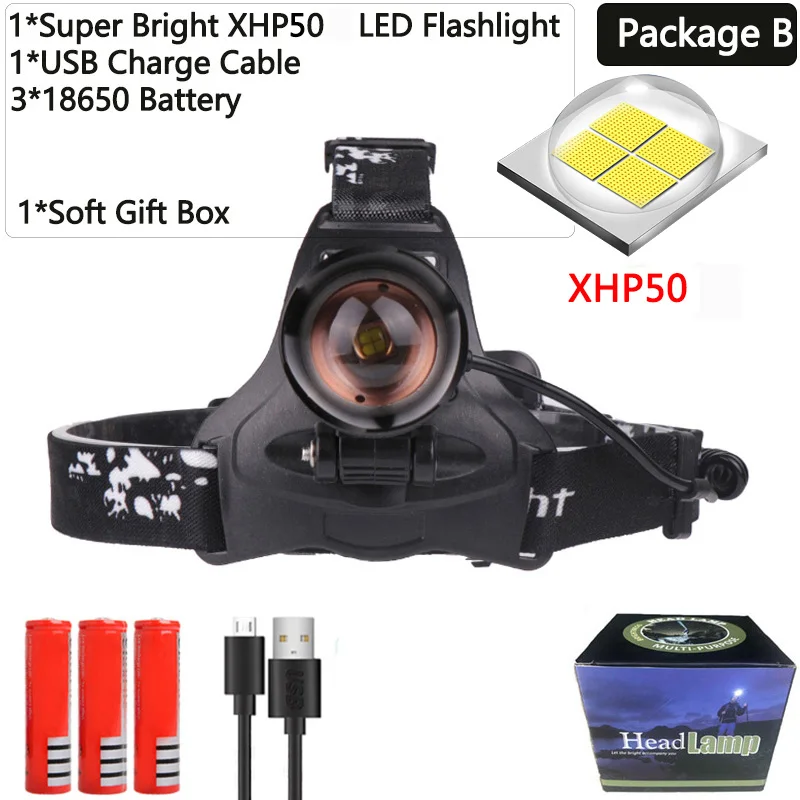 Самый мощный 6600mA 50 Вт XHP70.2 светодиодный налобный фонарь Водонепроницаемый масштабируемый головной светильник мощная головная вспышка лампа головной светильник фонарь подарочная коробка - Испускаемый цвет: Package B