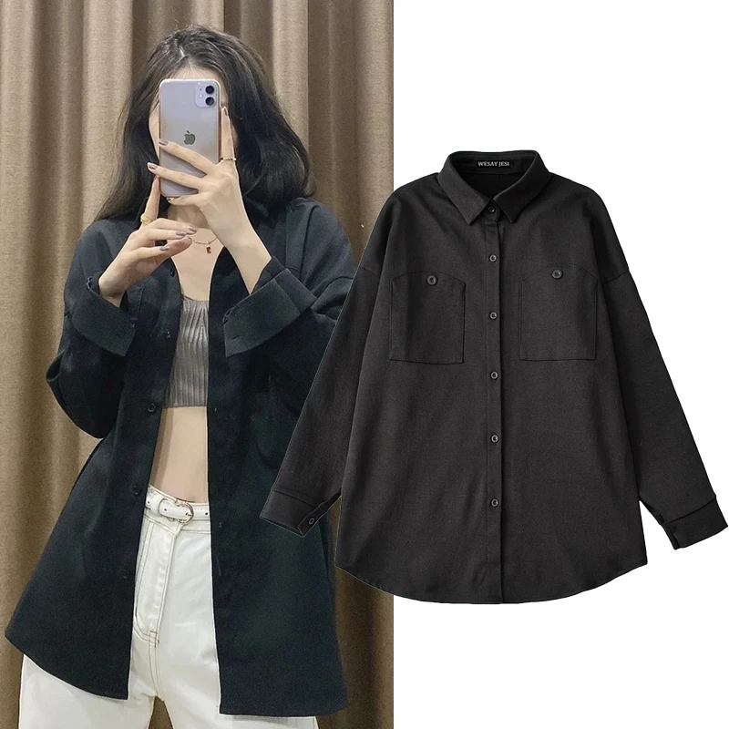 

WESAY JESI Autumn Long Sleeve Loose Student Blouse Shirt Women White Black Turn Down Collar Casual Oversized Shirt Vintage Top