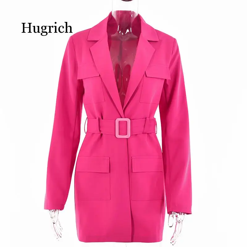 

Notched Necklace With Belt Blazer Female Double Pocket Slim Suit Coat Ladies 2021 Spring New Casual Loose