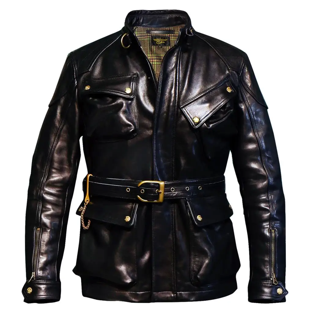 

American Retro Leather Hunter Jacket Batik Cowhide May ka ji Locomotive Leather Long Kraft Leather Jacket