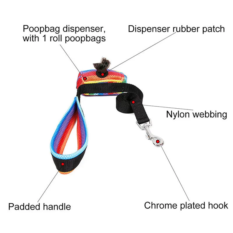 

Dog Harness Leash Set with Poop Bag Soft Breathable Rainbow Mesh French Bulldog Vest Adjustable Jogging Pet Leash Harness