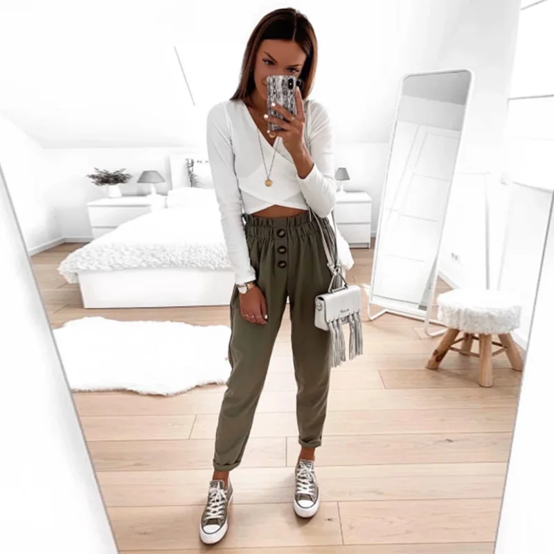 

Shyloli Button Casual Waist Belt Ankle-Length Trousers Women Bottoms Autumn Elastic Waist Loose Office Ladies Tapered Long Pants