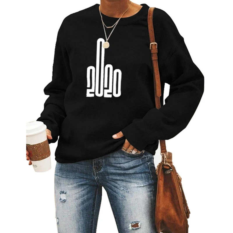 

Women Long Sleeve Crew Neck Sweatshirt Funny 2020 Numbers Middle Finger Printed Pullover Tops Solid Color Streetwear