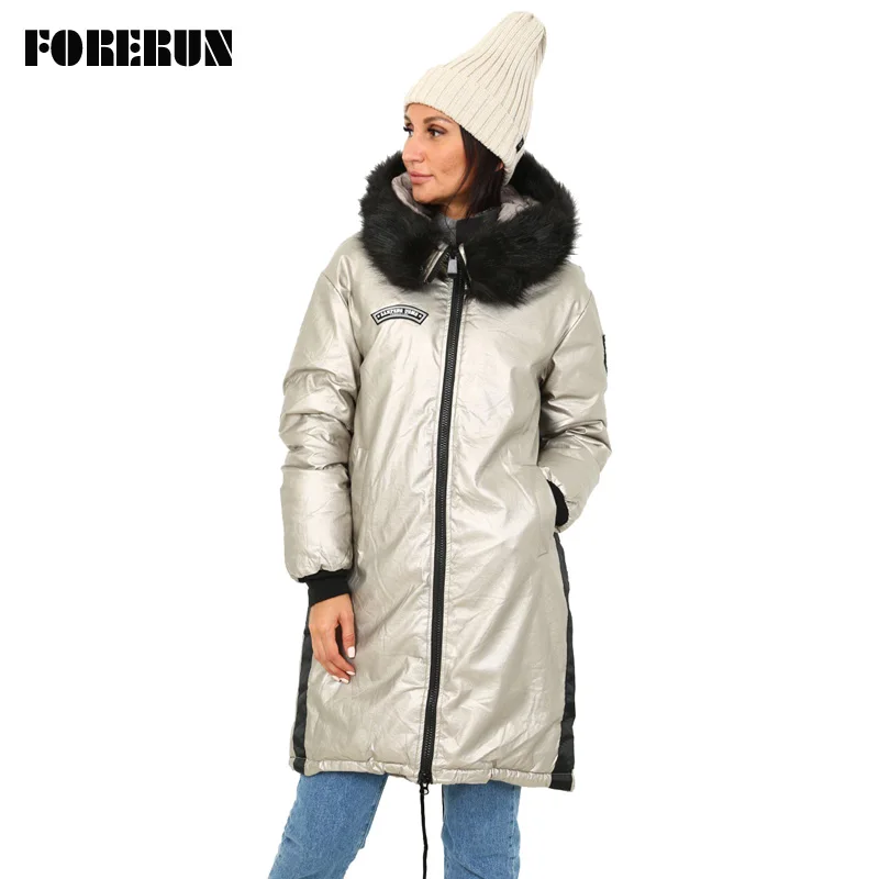 FORERUN меховая куртка с капюшоном женское глянцевое серебряное длинное пальто
