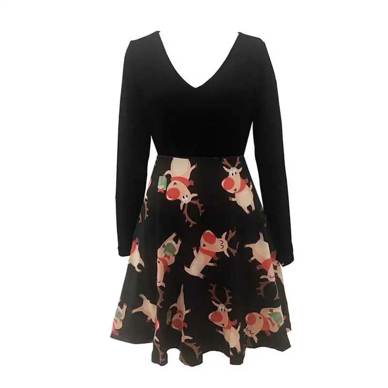 

2020 Autumn Christmas Dress Women High Waist A Line Xmas Party Dress Ladies V Neck Knee Length Long Sleeve Dress For Women