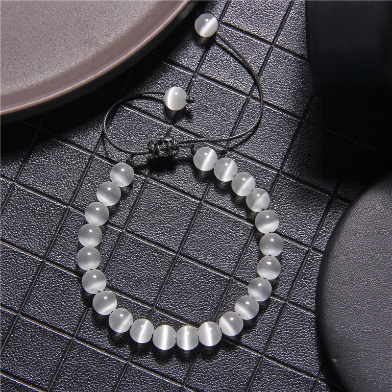 Женский плетеный браслет 8 мм зеленый белый розовый синий с бусинами кошачий глаз