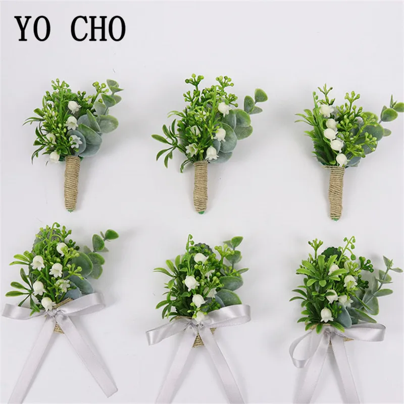 

YO CHO Forest Style Boutonniere Lily of the Valley Girl Bracelet Wrist Corsage Artificial Flower Plant Men Wedding Boutonniere