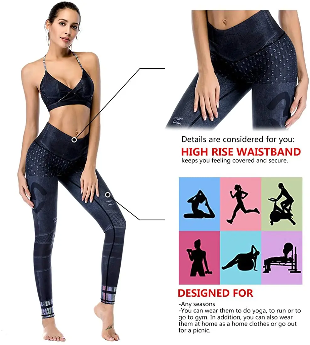 Denim Pattern Gym Sport Leggings Women Fitness High Waist Tummy Control Pants Workout Pull Up Skinny Yoga Trousers Femme