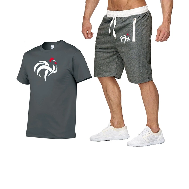 

Summer Fashion brand cock printing Men's Set Leisure Tracksuit fitness jogging T-shirt+Shorts Men Sportswear Suit