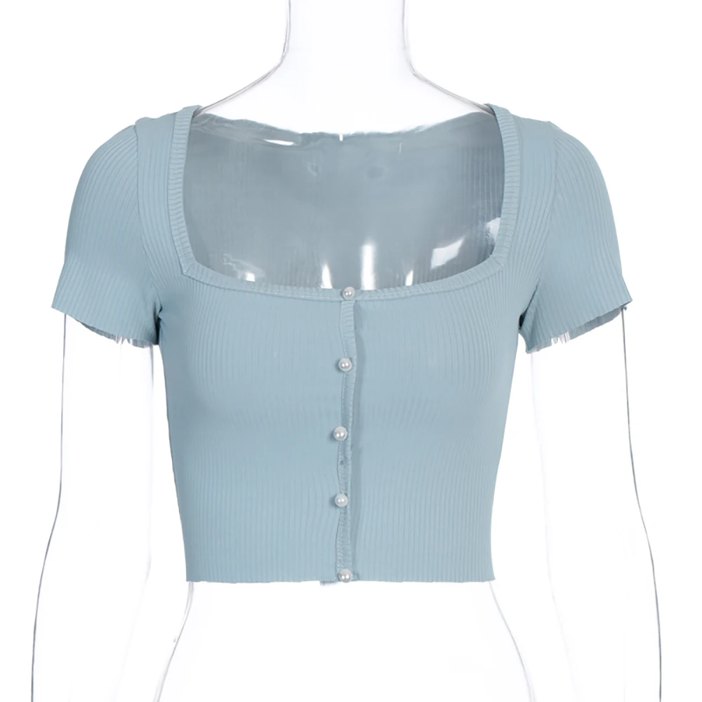 

Short Sleeve Women's Knitted Ribbed Square Crop Top With Button Summer Short Top Cardigan Shirt Purple Blue Green Casual Tops
