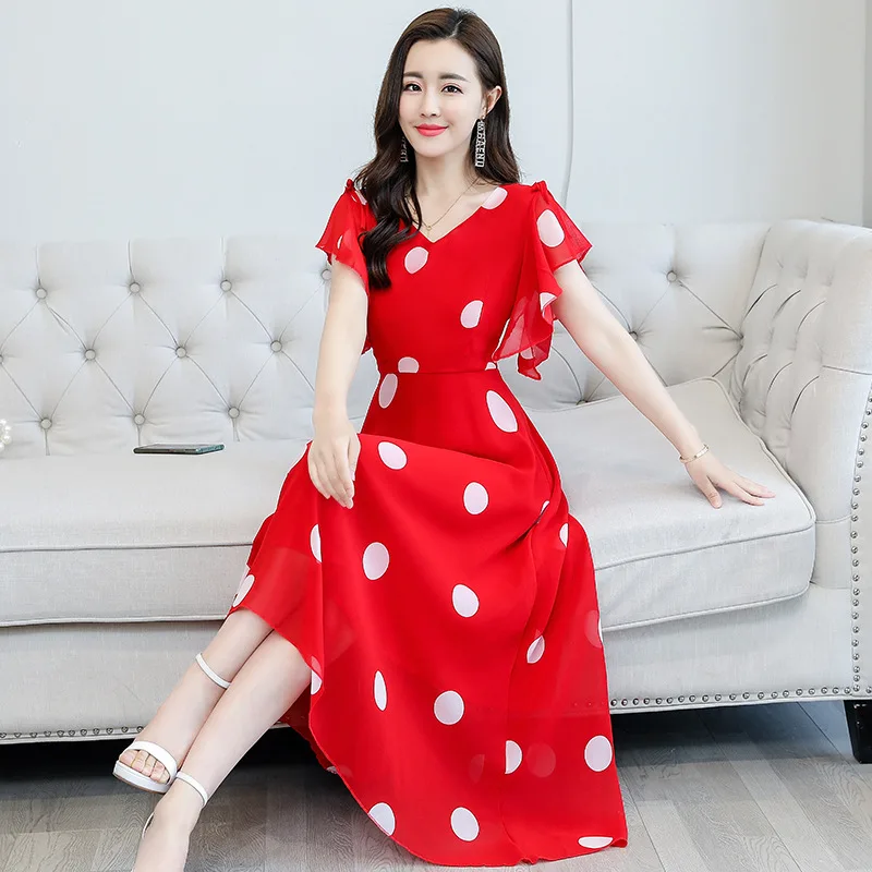 

Summer red wave point dress women's summer dress chiffon skirt spring and autumn harvest waist show thin temperament big size