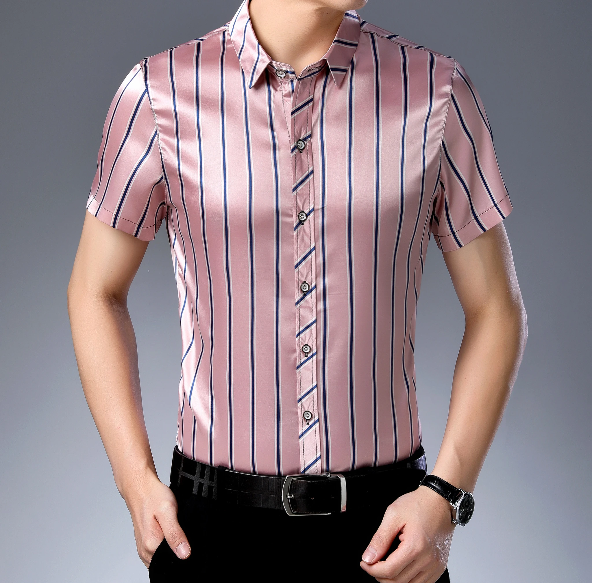 Мужская атласная рубашка в полоску повседневная шелковая Классическая с