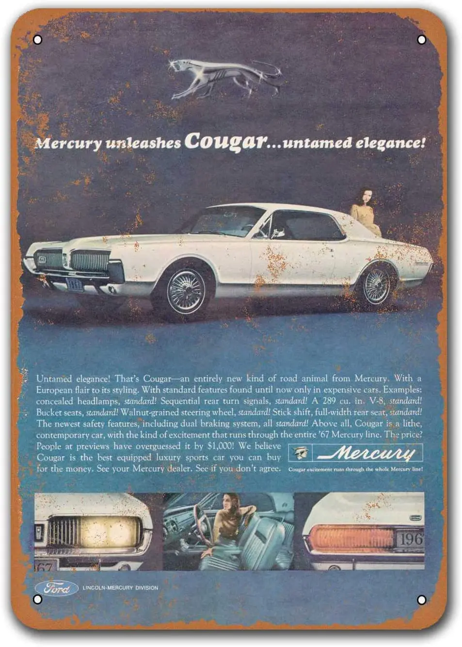 

1967 Mercury Cougar Dorm Coffee Club Wall Decor Game Room Home Grage Man Cave Sgins Car Metal Tin Sign Vintage Restaurant Office