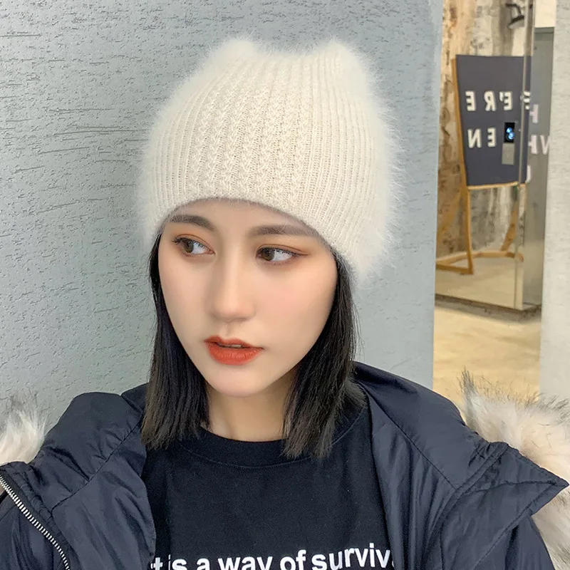 

2020 Simple Girl Rabbit Fur Ear Beanie Hat for Women Fashion Winter Skullies Warm Wool Cap Gorros Female Outdoor Soft Cap