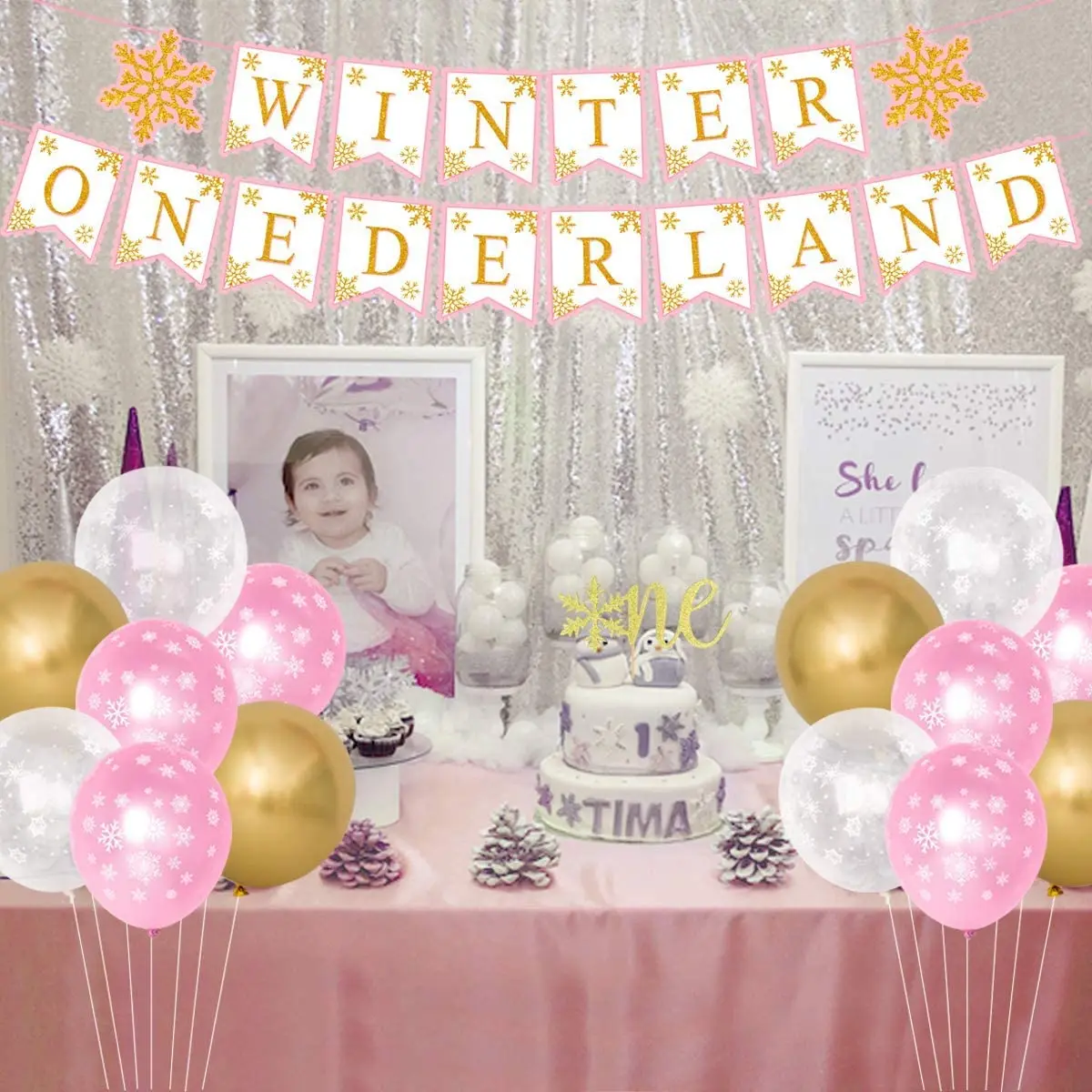 Decoraciones de cumplea&ntilde;os para ni&ntilde;a, copo de nieve de invierno de oro rosa, suministros de primera fiesta, conjunto de copo de nieve congelado, flores de papel, Topper de una primera tarta-5