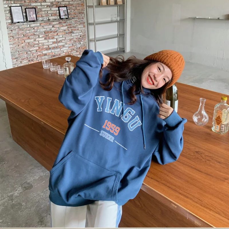 

Autumn Winter Women Hoodies New Warm Hooded Print Letter Loose Plus Velvet Long-sleeved Fashion Casual Pullovers Female Top