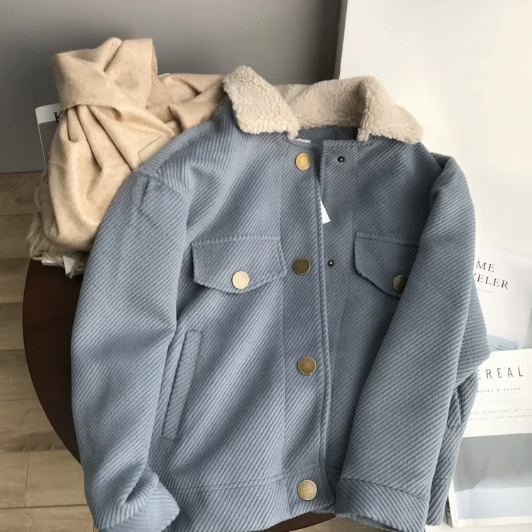 light blue Женская Вельветовая куртка винтажная овечья шерсть воротник Осень Зима Свободная верхняя одежда однотонное пальто Женская хлопковая куртка с мехом - Цвет: light blue