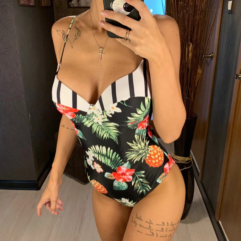 Женский купальник с пуш ап открытой спиной монокини принтом купальный костюм для