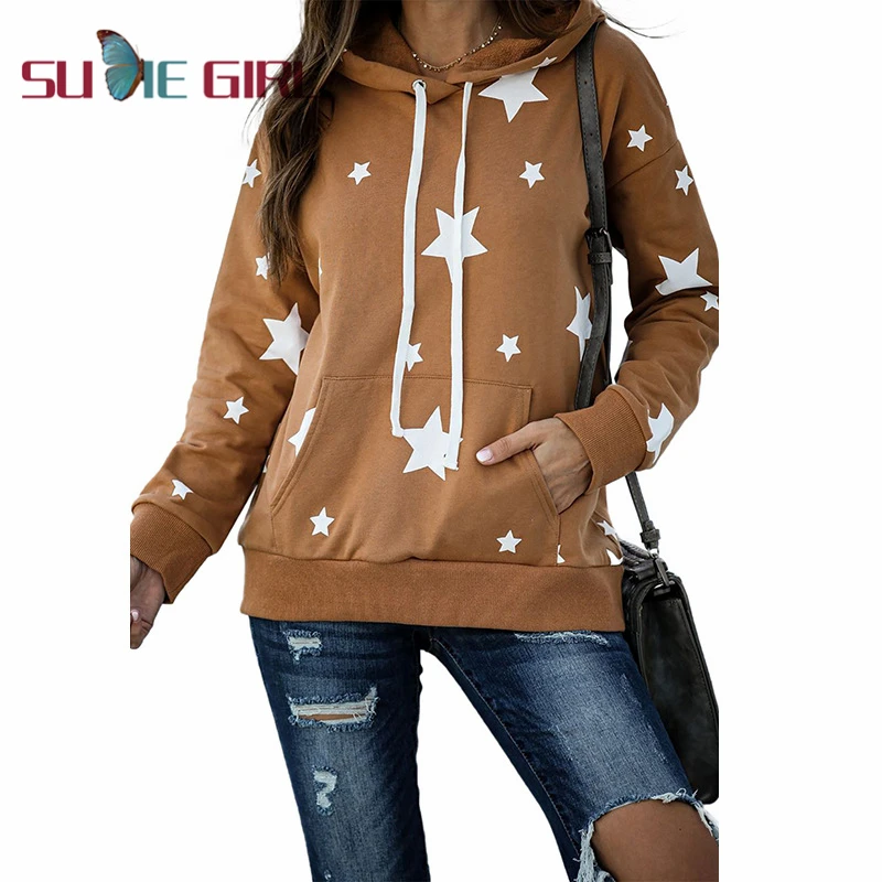 

SUDIE Girl Ladies Fashion Top Long Sleeve Loose Star Pattern Print Hooded Top Autumn Casual New Product
