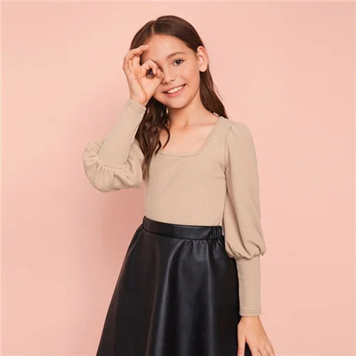 Хаки SHEIN Kiddie/Повседневная облегающая Однотонная футболка цвета хаки с квадратным вырезом для девочек детские топы, Осенние вязаные футболки с рукавами из бараньей шерсти - Цвет: Хаки