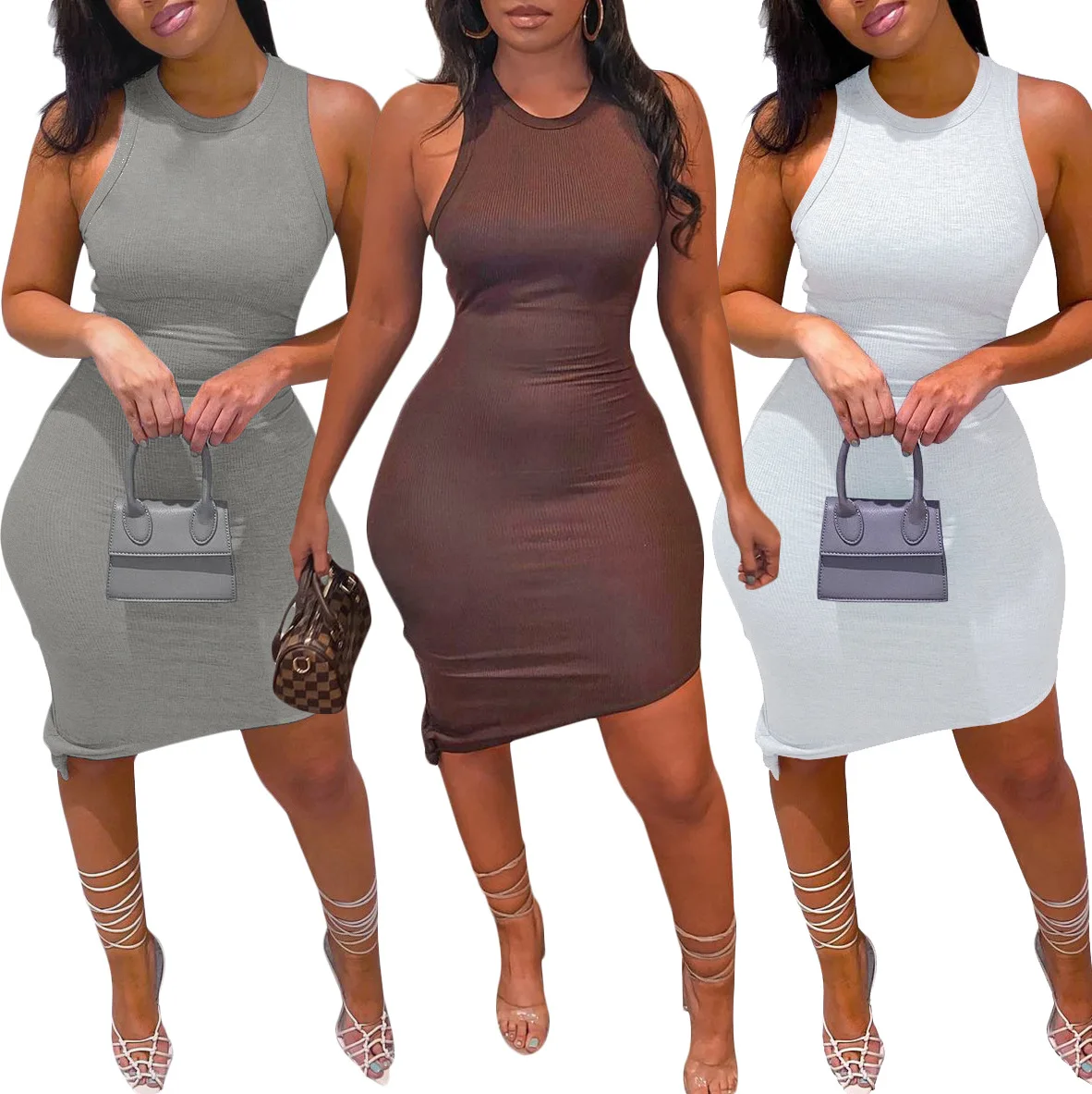 

Summer New Style Women's Knitted Mid-Length Skirt Temperament Commuting Solid Color Sleeveless Irregular Dress Women