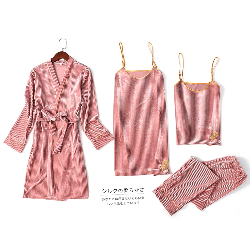 Autumn Winter Warm 3 Pieces Pajamas Set Women Sexy Sleepwear For Sleeveless Strap Nightwear Long Pant Robe | Женская одежда