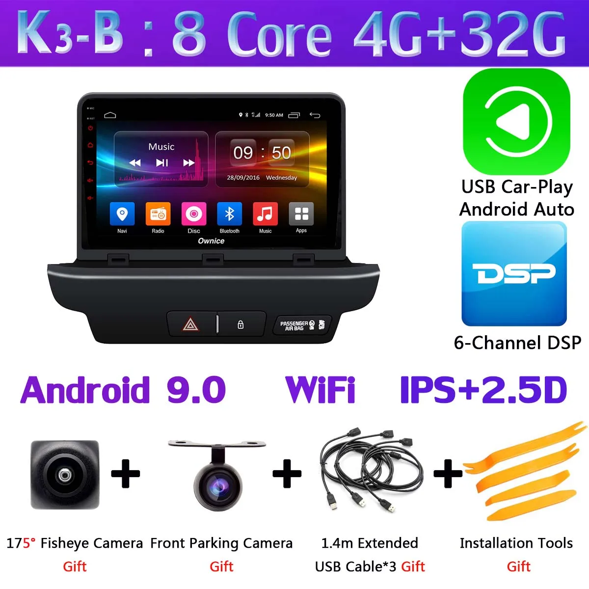 K3-B-CarPlay 360 ° панорамный 4G WiFi Android 9,0 8Core 4G+ 64G Автомобильный мультимедийный плеер gps навигация компактное минирадио CarPlay для Kia CEED - Цвет: K3-B-CarPlay