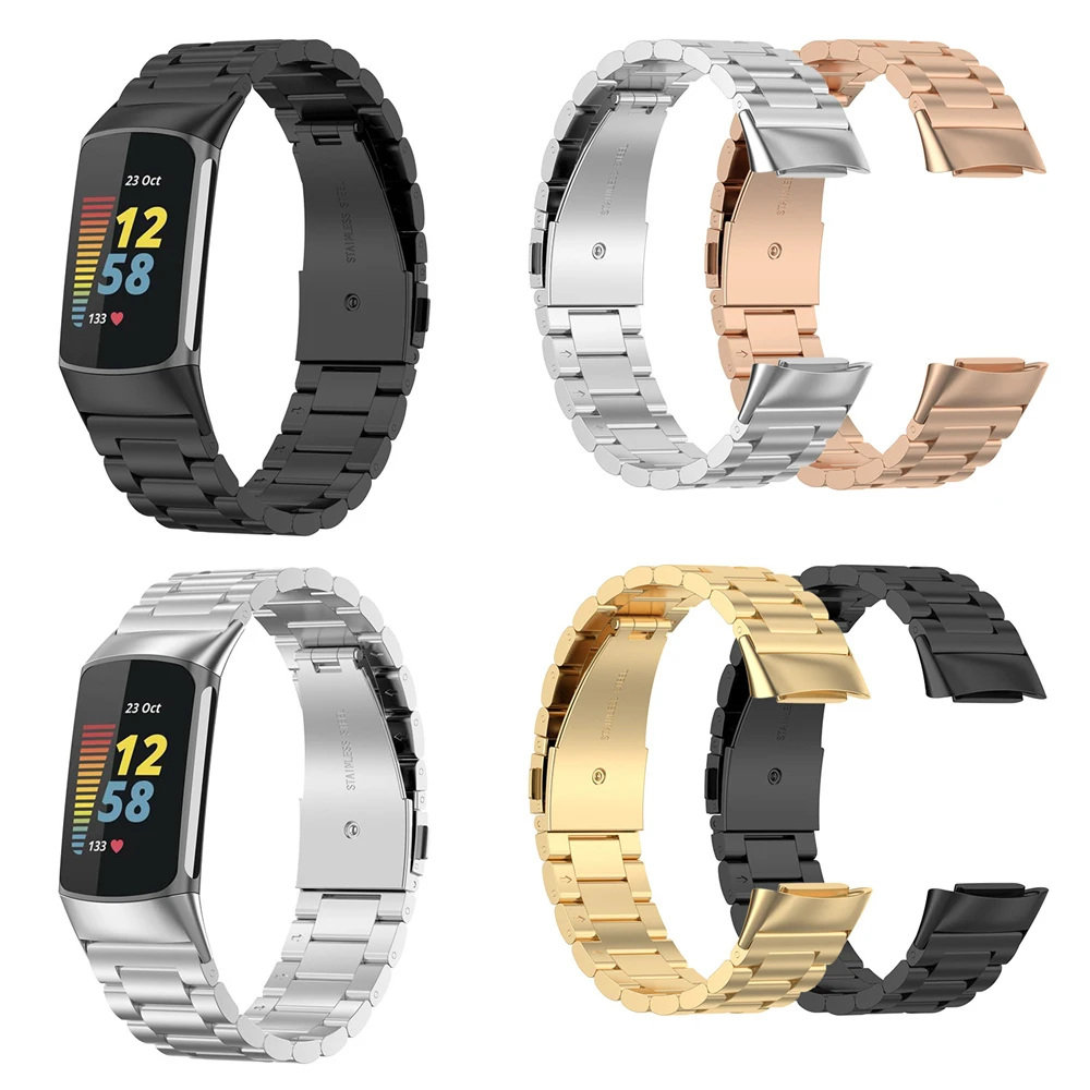 

3 Beads Stainless Steel Metal Strap For Fitbit Charge 5 Watch Band Watchband