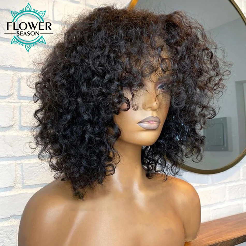 

Short Curly Bob Wig With Bangs Brazilian Remy Human Hair Machine O Scalp Top Wigs 14" 180% Density For Black Women FlowerSeason