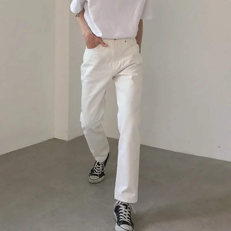 

Men Casual White Straight Ankle Length Pant Male Japan Korea Streetwear Vintage Fashion Pants Zipper Fly Midweight Polyester Mid