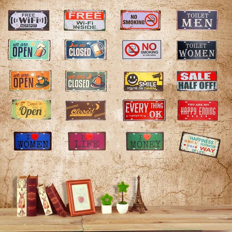 

Vintage Car License Plate Tin Sign Plates Metal plaques Free Wifi we are open Closed Art Poster Bar Pub Restaurant Coffee Decor