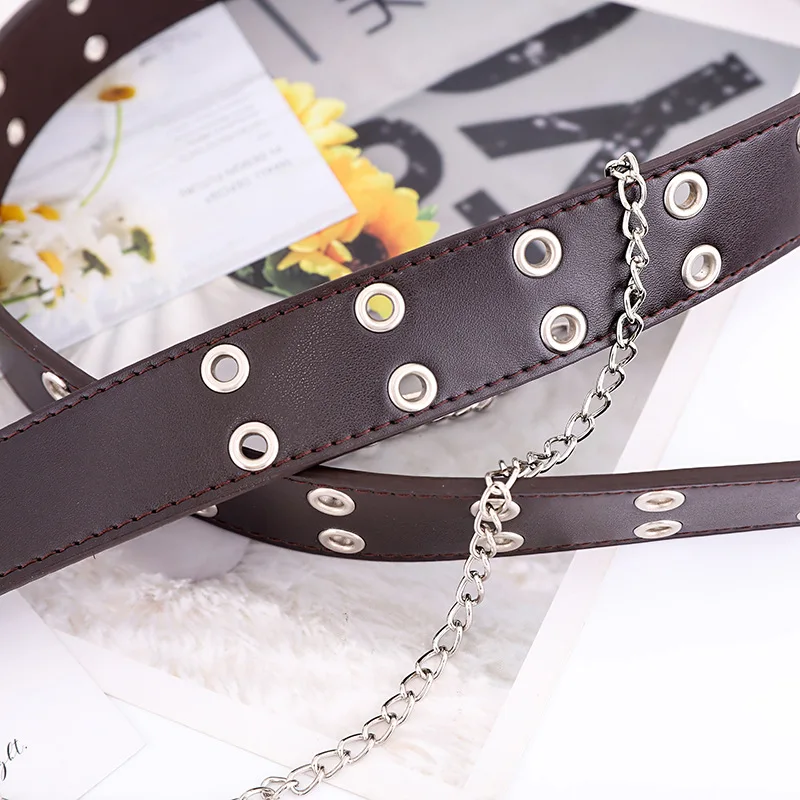 

Unisex Punk Wide Belt Double Buckle Grommet Hole Waist Belt With Chain Decorative Waist Strap Women Men Waistband For Jeans