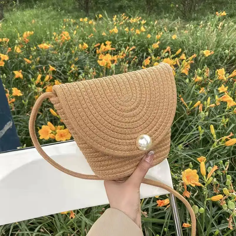 

Мини-сумка с жемчугом и откидной крышкой, хлопковая плетеная Сумка через плечо, Повседневная Соломенная женская сумка через плечо, плетеная...