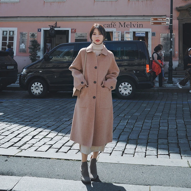 

2020 Autumn Winter Long Woolen Coat Loose Fashion Single-breasted Pink Women Jacket High Quality Wool Blend Women's Coats